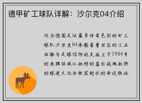 德甲矿工球队详解：沙尔克04介绍